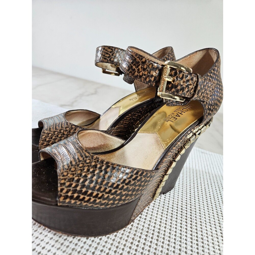 Michael Kors Brown Snake-Embossed Platform Wedge Boots with Gold Studs - Picture 11 of 12